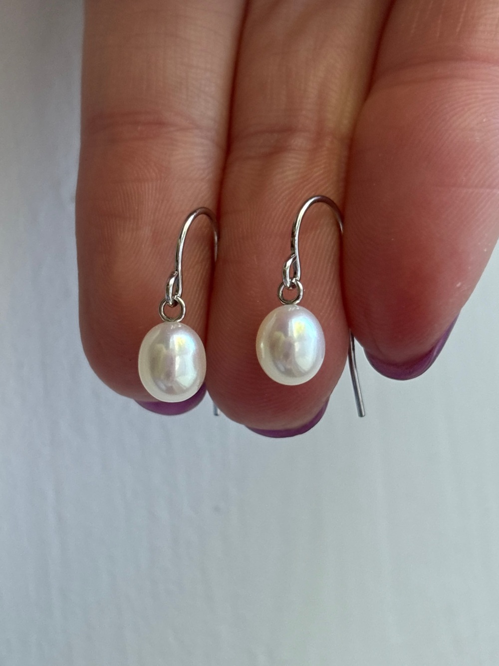 Sterling Silver Genuine White Pearl Dangle Drop Hook Earrings - Picture 6 of 8